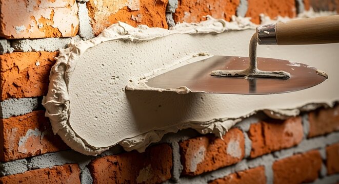 Plasterer applying white mortar on red brick wall with trowel close up