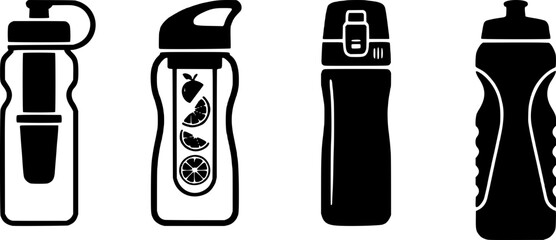Four different water bottle designs in black and white illustrations, including sports and eco-friendly reusable bottles with various lid styles. © SarfarazAhmed