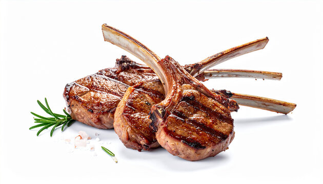 Grilled lamb chops with rosemary and pink salt crystals on a white backdrop