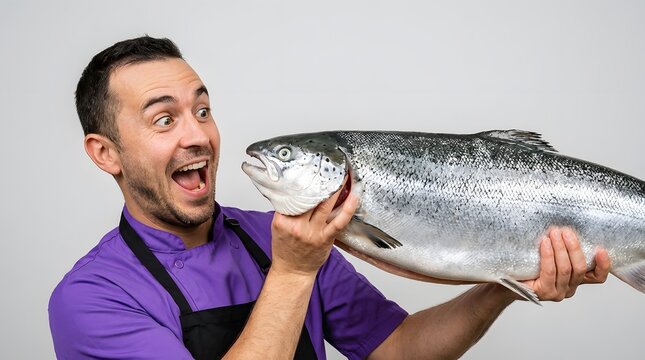 Funny male chef in purple uniform holding large raw salmon fish with surprised facial expression