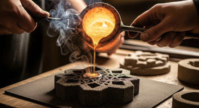 Pouring Molten Metal into a Mold Crafting Intricate Designs.