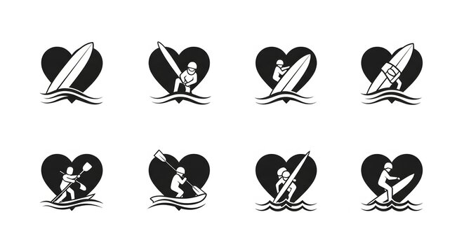 Set of Water Sports Icons with Heart Shapes and Waves