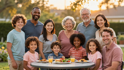 Fototapeta premium Proud Diverse Three Generation Family Group Portrait at BBQ
