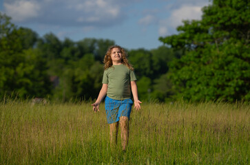 Fototapeta premium Child walking in green meadow. Happy child on summer nature. Child outdoors in rural field. Childhood freedom. Outdoor lifestyle for children. Child and environment.
