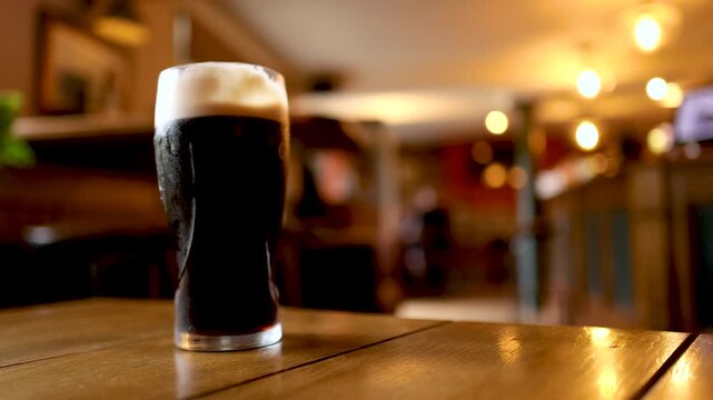 Hand places glass of dark beer with frothy head on wooden table, pub interior background.