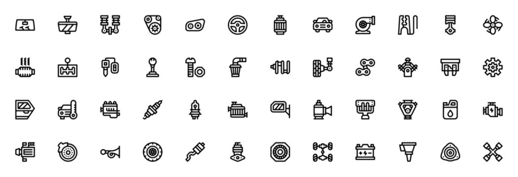 Car Engine icon set. Automotive vector icons pack. Includes symbols for piston, turbo, gearshift, battery, radiator, steering wheel and more. Editable stroke.