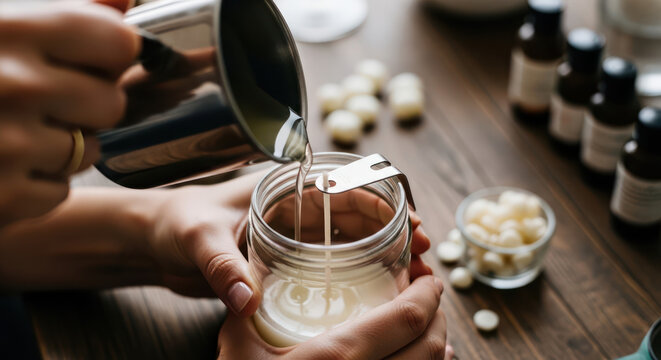 Pouring Wax into Candle Jar Crafting Homemade Candles.