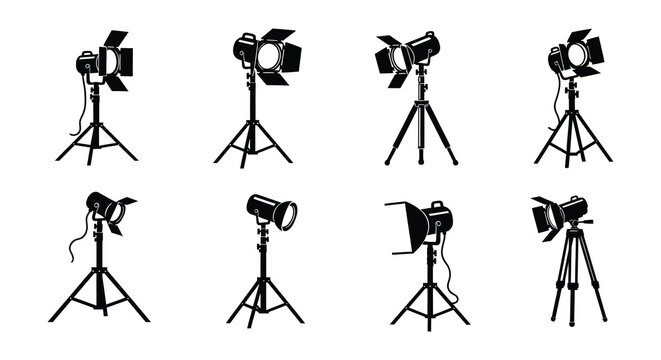 Studio spotlights and floodlights black silhouette set