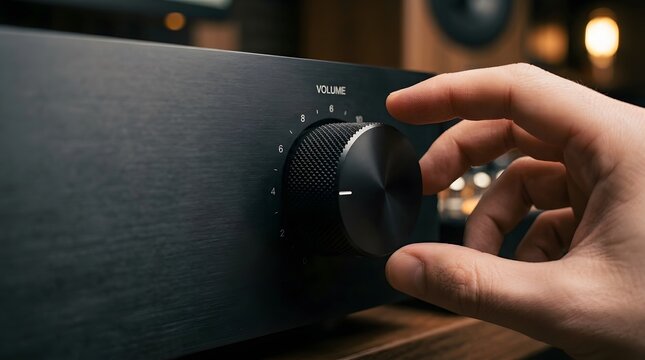 Hand adjusting volume knob on a black brushed metal high fidelity audio amplifier stereo receiver