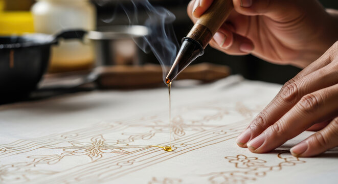 Batik Artist Applying Hot Wax to Fabric with Traditional Tjanting Tool