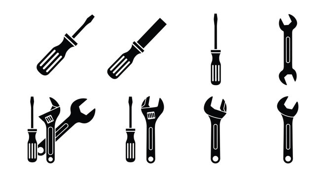 Tool silhouettes screwdrivers wrenches and pliers on white background