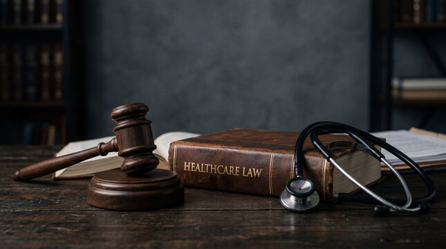 Healthcare law concept with wooden gavel, law book and medical stethoscope on dark background, representing medical malpractice, legal regulations, professional liability and justice in the healthcare
