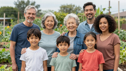 Obraz premium Inspirational Diverse Family Group Photo During Community Garden Gathering