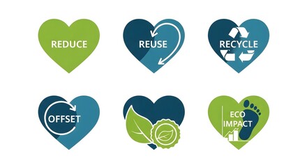 Fototapeta premium Environmental Conservation Icons with Green Heart Shapes and Eco Friendly Text