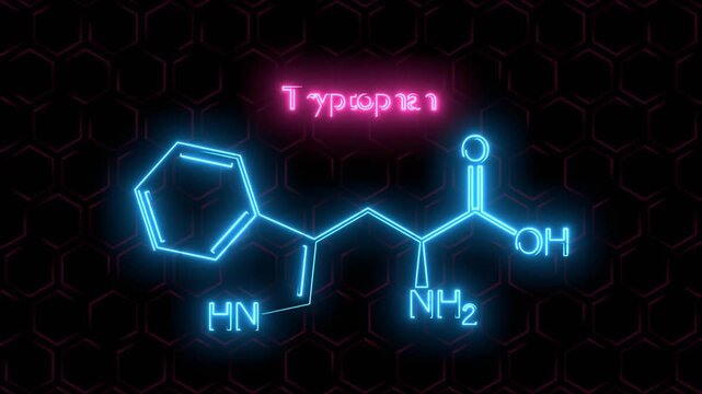 Tryptophan amino acid molecule. Skeletal formula of tryptophan substance. Neon glowing.