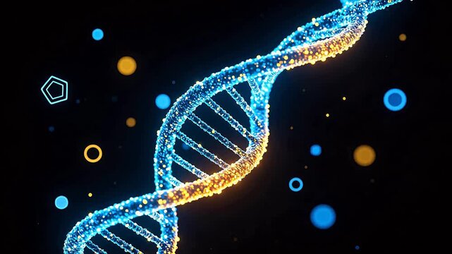 DNA double helix with glowing particles