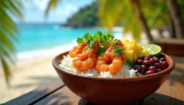 Delicious caribbean jerk shrimp bowl with rice beans and pineapple salsa sits on table. Tropical beach ocean view background with palm trees provides perfect vacation vibe.