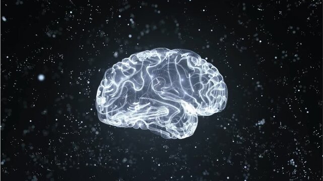 Abstract digital illustration of a glowing transparent human brain with neural pathways and particles on a dark background
