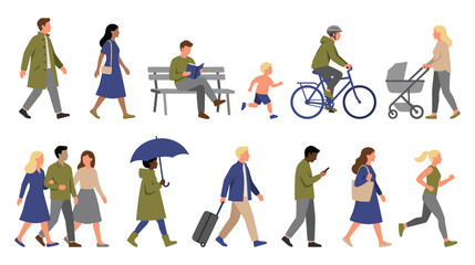 Fototapeta premium Modern flat people characters engaged in diverse daily city life activities.