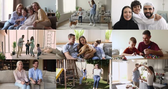 Parents and children, couples of different ages, races and cultures enjoying leisure time, activity, entertainment at home together, dancing, playing, posing for portrait, having fun. Multiple collage