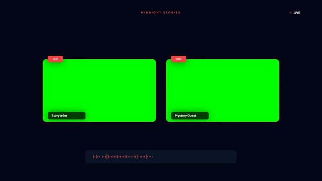 Podcast live streaming interface with two green screen frames and audio waveform on dark background