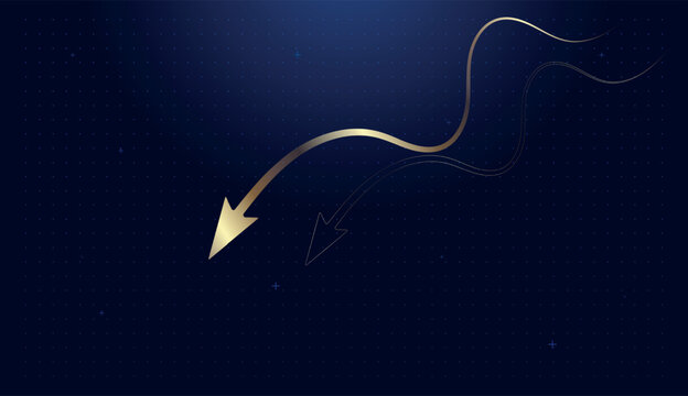 A glowing blue line curves sharply into an arrow pointing down, signaling a decrease in digital Finance. and A vibrant, glowing arrow