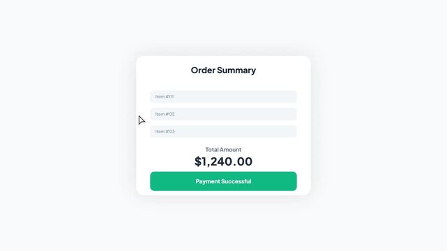 Simple modern web checkout summary with green complete purchase button and payment successful status update