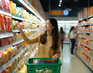 Naklejka premium Young woman picks packaged snacks from shelf in grocery store aisle. She holds green shopping cart, makes purchase decision in supermarket. People shop for food products.