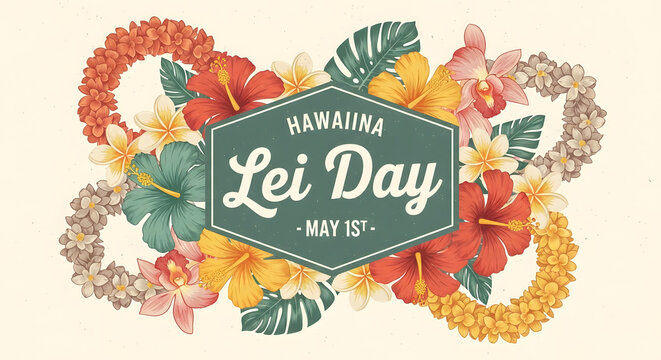 Hawaiian Lei Day celebration graphic with floral lei and text