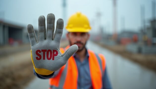 Construction worker in hard hat and vest signals stop. Man with hand raised wears glove with stop word. Site work halt, safety command, or project delay communication.