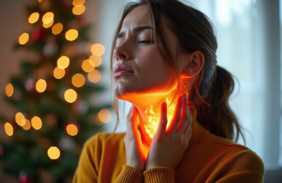 Woman feels severe throat pain with glowing fire effect. Sickness and discomfort during holidays, difficulty swallowing. Health problem concept for medical articles and blogs.
