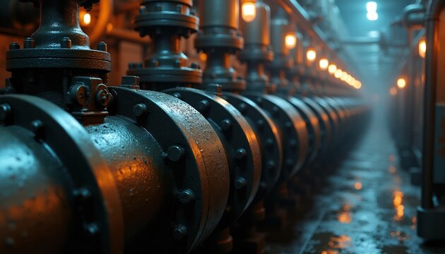Row of large wet metal pipes in dark industrial engine room. Orange lights glow through fog and steam. Gritty, moody atmosphere suggests powerful machinery and high pressure.