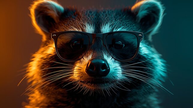 Cool Raccoon Wearing Stylish Sunglasses with Dramatic Teal and Orange Cinematic Lighting, Creative Animal Portrait