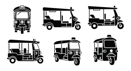 Tuk tuk silhouettes set of black vector auto rickshaws on white background © MdNirob