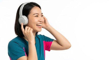 Naklejka premium Joyful Young Asian Woman Laughing while Wearing White Headphones in Sportswear Isolated on White Background