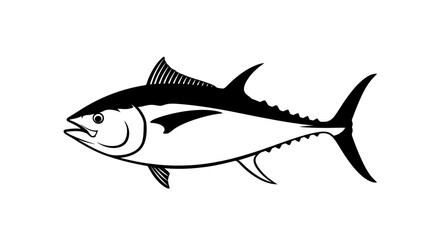 Fototapeta premium A minimalist black and white illustration of a tuna fish, presented on a clean white background, showcasing its sleek form and powerful tail fin