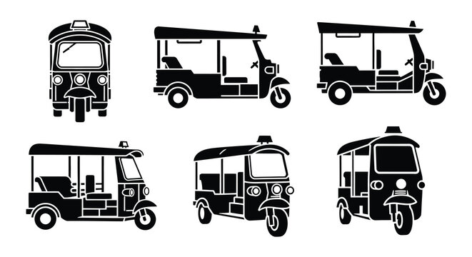 Tuk tuk silhouettes set of black vector auto rickshaws on white background
