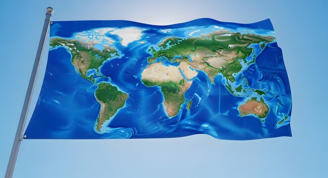 Waving world map flag on a pole