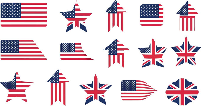 Collection of American and Union Jack flags in various geometric shapes.