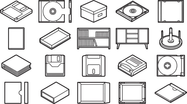 An isometric grid featuring diverse storage and tech accessories, ideal for design, technology and data storage concepts.