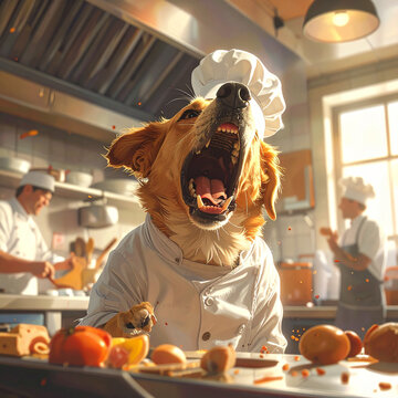 Dog chef yawning widely in a professional kitchen