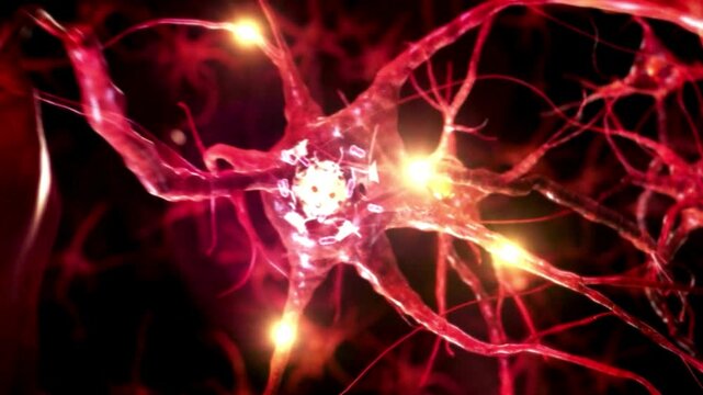Abstract scientific illustration of a glowing neuron network, visualizing intricate neural connections and electrical impulses within the complex brain or nervous system