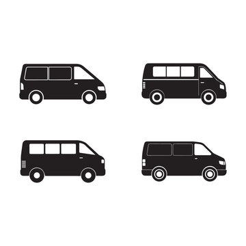 Four black van silhouettes in different positions and angles  side views  isolated on white background
