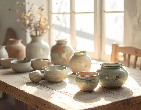 Collection of ceramic pottery and vases on a wooden table