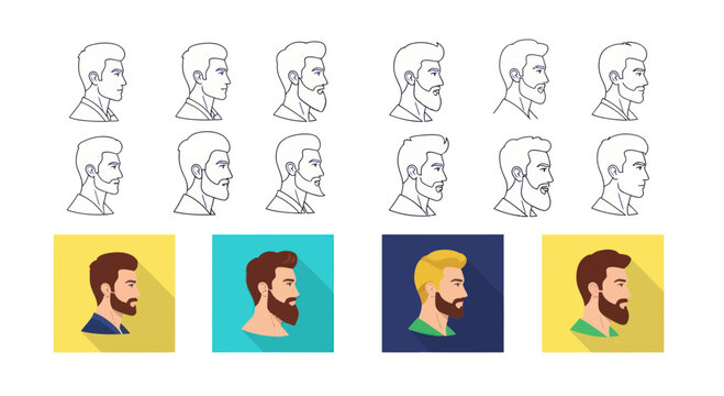 Man Profile Styles: Beards, Hairstyles and Facial Hair - Vector Icons