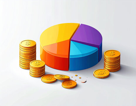 Colorful pie chart with gold coins on white background
