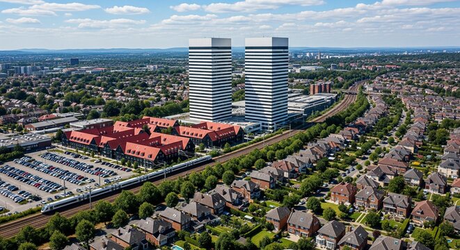Aerial view of Solihull commercial district with modern office towers train station suburban houses and green spaces under blue sky
