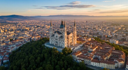 Obraz premium Aerial view of the Sanctuary of the Madonna della Corona a famous pilgrimage site in Italy beautifully illuminated by the rising sun