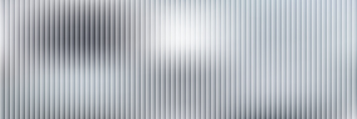 Fototapeta premium Acrylic satin corrugated glass texture light gray background. Blurred soft ribbed transparent striped door window overlay. Metal silver reeded polycarbonate sheet. Abstract vertical gradient pattern