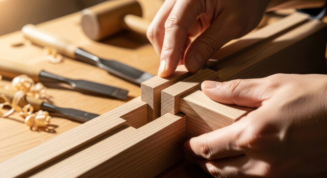 Woodworking Craftsmanship Handcrafted Dovetail Joint Assembly in Progress.